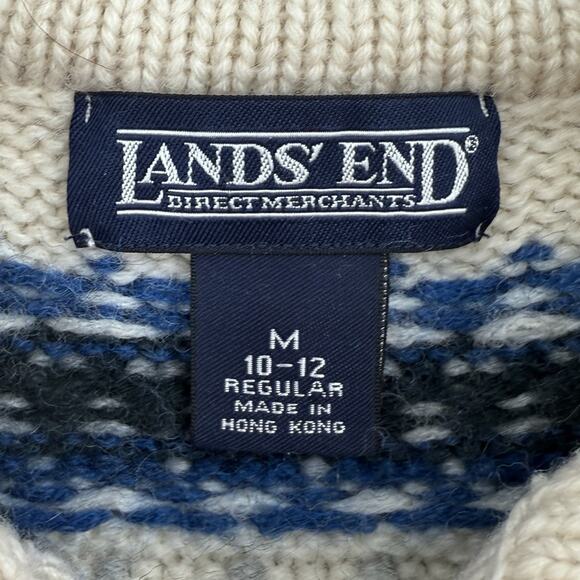 Vintage Lands End Wool Sweater Women's Medium Blue Fair Isle Nordic Zip Cardigan - Picture 3 of 8